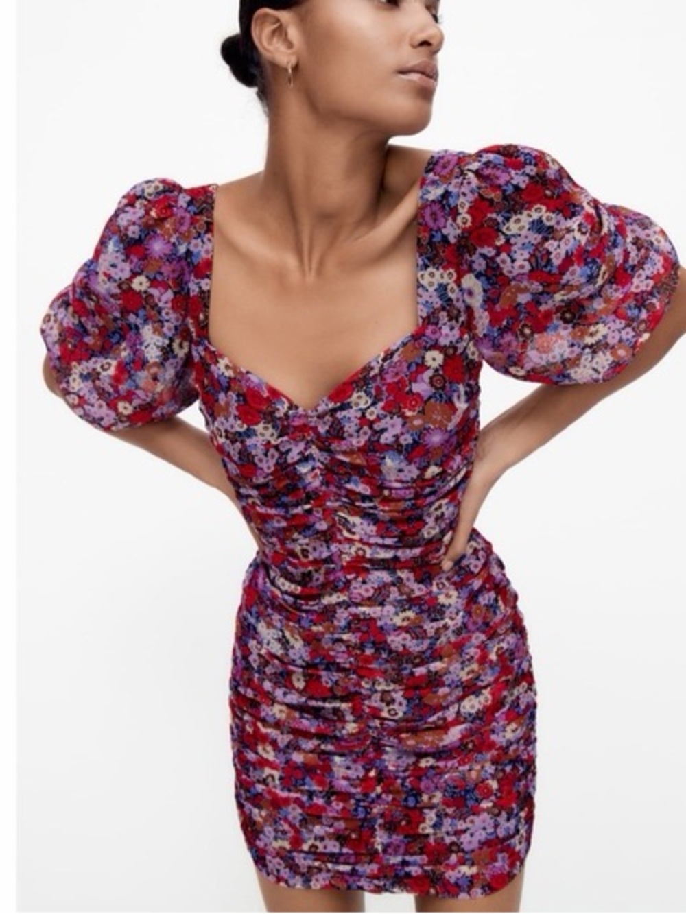 Zara Floral Ruched Puff-Sleeve Mini Dress - Red & Purple Floral Size Large